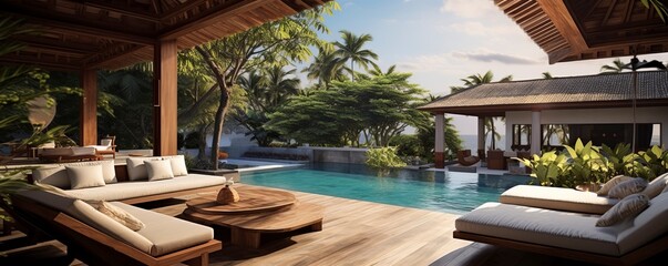A luxurious resort featuring a pool surrounded by a terrace with comfortable sofas and sun loungers. This villa in Bali offers a tranquil tropical escape - obrazy, fototapety, plakaty