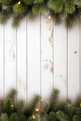White wooden background with fir branches on top and bottom. Blank with space for text. Christmas and New Year. Winter background.