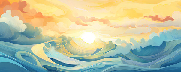 Abstract Ocean Waves Background, Sunset on sea, high tidal waves, duotone, blue and orange - The Abstract Wave Series
