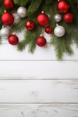 Fototapeta na wymiar White wooden background with fir branches and red and white balls on top. Blank with space for text. Christmas and New Year. Winter background.
