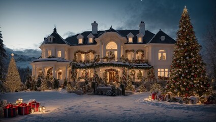 a luxurious home decked out in Christmas decorations that evoke a sense of wonder and enchantment