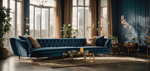  a luxurious blue sofa in a spacious living room, surrounded by elegant decor and natural light pouring in from large windows