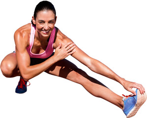 Fototapeta premium Digital png photo of happy caucasian sportswoman stretching on transparent background