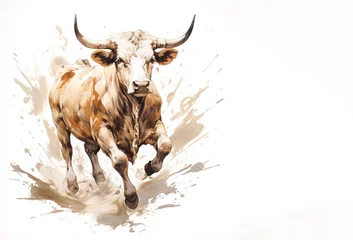 Foto auf Acrylglas Antireflex Image of painting brown cow running on white background. Farm animals. Illustration, Generative AI. © yod67