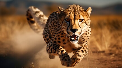 A cheetah is running at incredible speed across the vast African Savannah, fervently chasing a scattered herd of antelopes in a thrilling pursuit