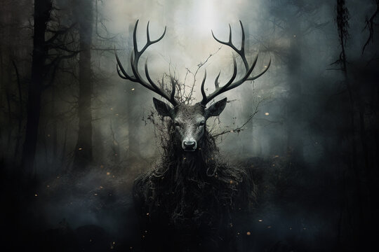 Image of a deer demon in the forest with a frightening atmosphere. Wildlife Animals. Illustration, Generative AI.