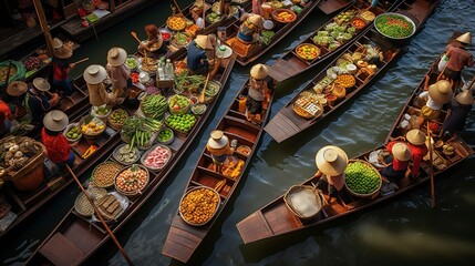 A Thai woman elegantly selling vegetables on an open boat, showcasing exquisite clothing details, captured in an aerial photography style with floral and nature motifs - obrazy, fototapety, plakaty