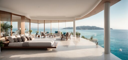  a luxury villa, featuring a terrace that overlooks the crystal-clear waters of the sea and a floor-to-ceiling panoramic window that brings the outside 