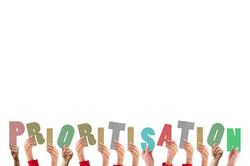 Digital png illustration of hands with prioritisation text on transparent background