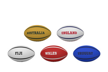 Digital png illustration of rugby balls with names of countries on transparent background