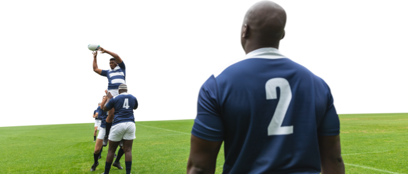 Digital png photo of diverse male rugby players playing on transparent background