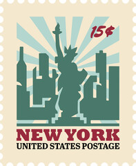 Digital png illustration of post stamp with statue of liberty design on transparent background