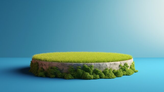 Grass 3D ground land green field earth garden soil isolated background section. Podium grass ground render illustration platform cross cut plant 3D. Environment rock surface terrain mud. Generative AI