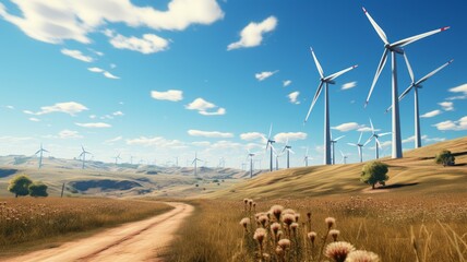 wind turbines, wind power generators, in a clear open landscape, strong wind - obrazy, fototapety, plakaty