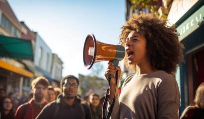 young woman speaking through a megaphone outside. Concept of protest or struggle for rights - obrazy, fototapety, plakaty