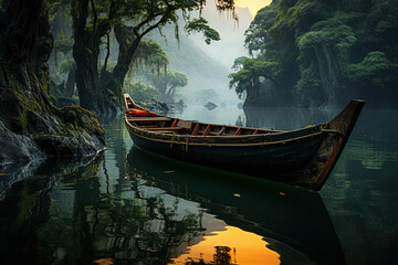 Wooden boat on the lake with misty trees in the background. 
