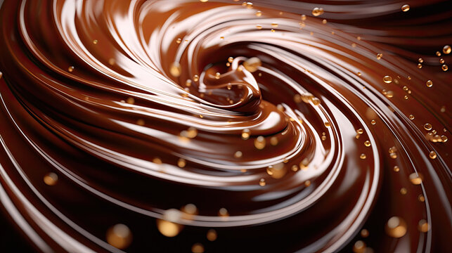 Whipped melted chocolate cocoa swirls splash texture on dark background created with Generative AI Technology