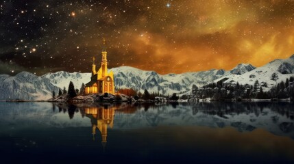 Obraz premium at night a church by a lake in the mountains