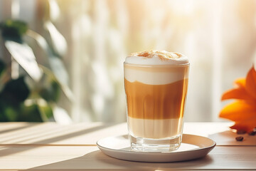 Homemade caramel macchiato coffee on white wooden table, sunny light throwing the window