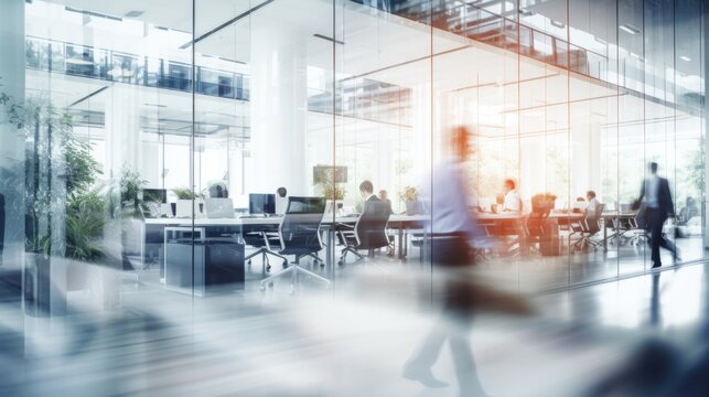 Blurred business people in white glass office background.