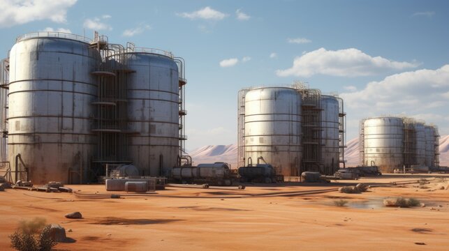 Large storage tanks and silos used for storing raw materials.