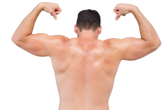 Digital png photo of back of shirtless caucasian man flexing biceps on transparent background - Powered by Adobe