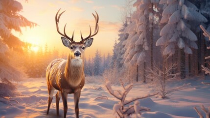 A big deer stands on a cold winter night in a snowy forest. at sunset