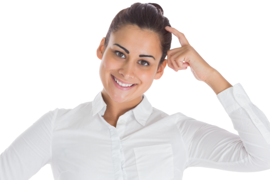 Digital png photo of smiling biracial businesswoman scratching head on transparent background