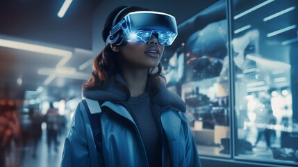 A Women in a retail business tries on virtual augmented reality glasses, experiencing the future of customised shopping experiences. - obrazy, fototapety, plakaty