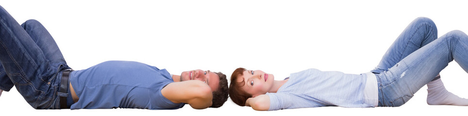 Digital png photo of happy caucasian couple lying head to head on transparent background