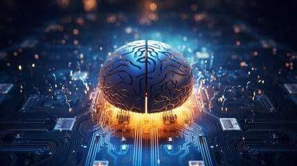 A conceptual illustration of a luminous brain enclosed in circuitry, representing the function of AI in digesting massive volumes of data and creating commercial insights.