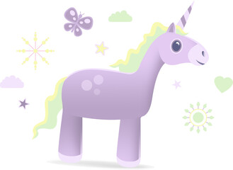 Digital png illustration of purple unicorn with icons on transparent background