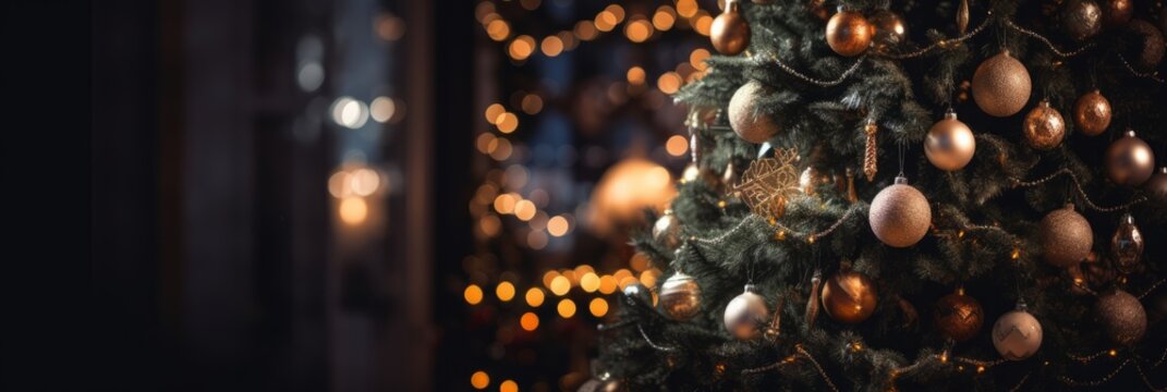 christmas celebrate festive greeting joyful happiness background christmas tree fireplace with kighting bokeh and decorating items blur bokeh background ,ai generate