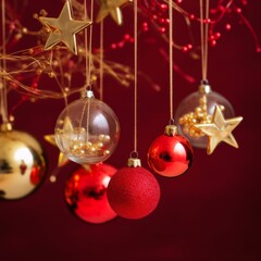 Fototapeta na wymiar hanging celebrate greeting festive christmas background shiny ball and star decorate hanging in the copyspace christmas joyful background template