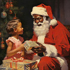 black santa claus gives gift to a little girl, vintage illustration