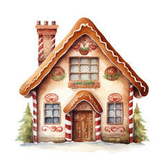 watercolor small gingerbread sweet candy cake house on white background 