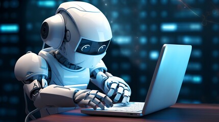 A futuristic robot mascot, designed with sleek metallic features, is diligently typing text on a modern computer. - obrazy, fototapety, plakaty