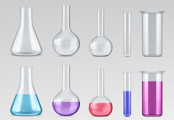 Chemistry measuring glass tubes and beakers. Realistic vector illustration set of empty transparent and filled with colored liquid laboratory flasks. Lab test equipment and science glassware.
