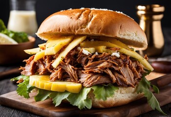  juicy pulled pork sandwich, but replace the pork with shredded coconut and pineapple