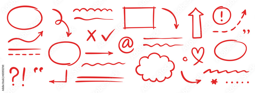 Poster pen marker line red arrow, underline, emphasis element set. hand drawn red marker brush stroke style
