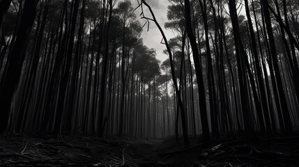 A monochrome dark forest wallpaper of ebony trees. Generative ai.