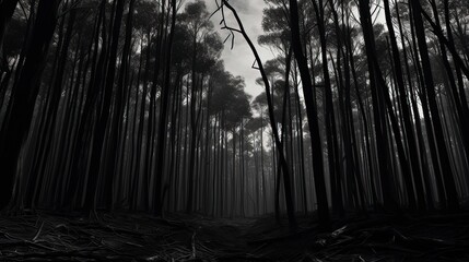 Naklejka premium A monochrome dark forest wallpaper of ebony trees. Generative ai.