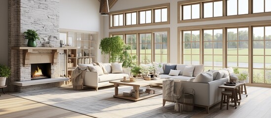 home interior design concept with cosy living room design by farm house scheme concept living room with wooden decorate light from window sofa and comfort ambient atmoshere home design,ai generate