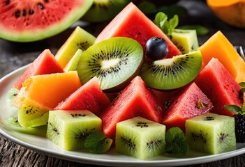 refreshing fruit salad with layers of watermelon, cantaloupe, honeydew, and kiwi