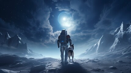 Astronaut and dog walking towards the moon. Generative ai. - obrazy, fototapety, plakaty