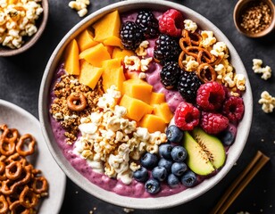  refreshing smoothie bowl, but replace the toppings with popcorn and pretzels