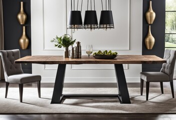 rustic dining table with a metal base and a wooden top