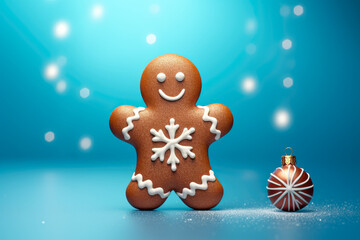 Christmas gingerbread man with snowflakes on a blue background.