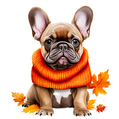 Cute french bulldog in Autumn Decorative, fall vibes seasonal french bulldog  wearing autumn scarf isolated on Transparent background