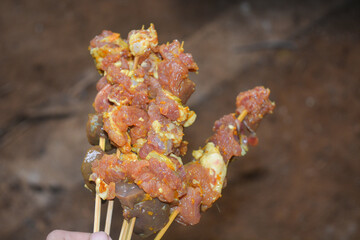 Close up shot of roasted goat satay, a popular dish in Indonesia.